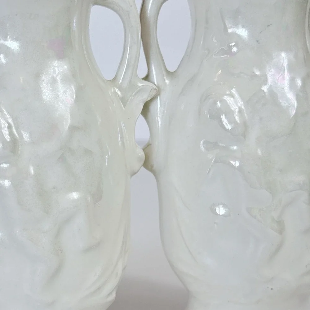 Vintage White Lusterware Cherub Mantle Vase Pair Mid Century Cherubs Set 2